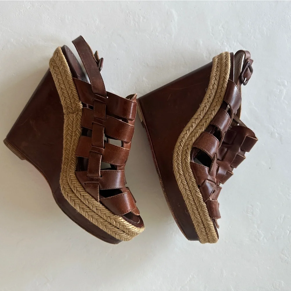 Christian Louboutin Leather Caged Espadrille Wedge Sandals | Size 38